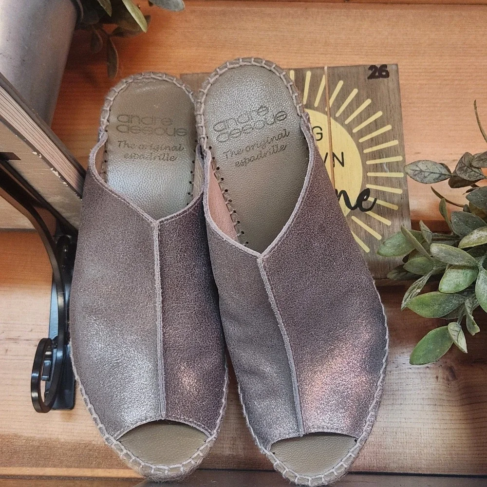 Andre Assous Espadrilles Slide On Mule Sandals Platform Wedge Jute Leather‎ Sz 7